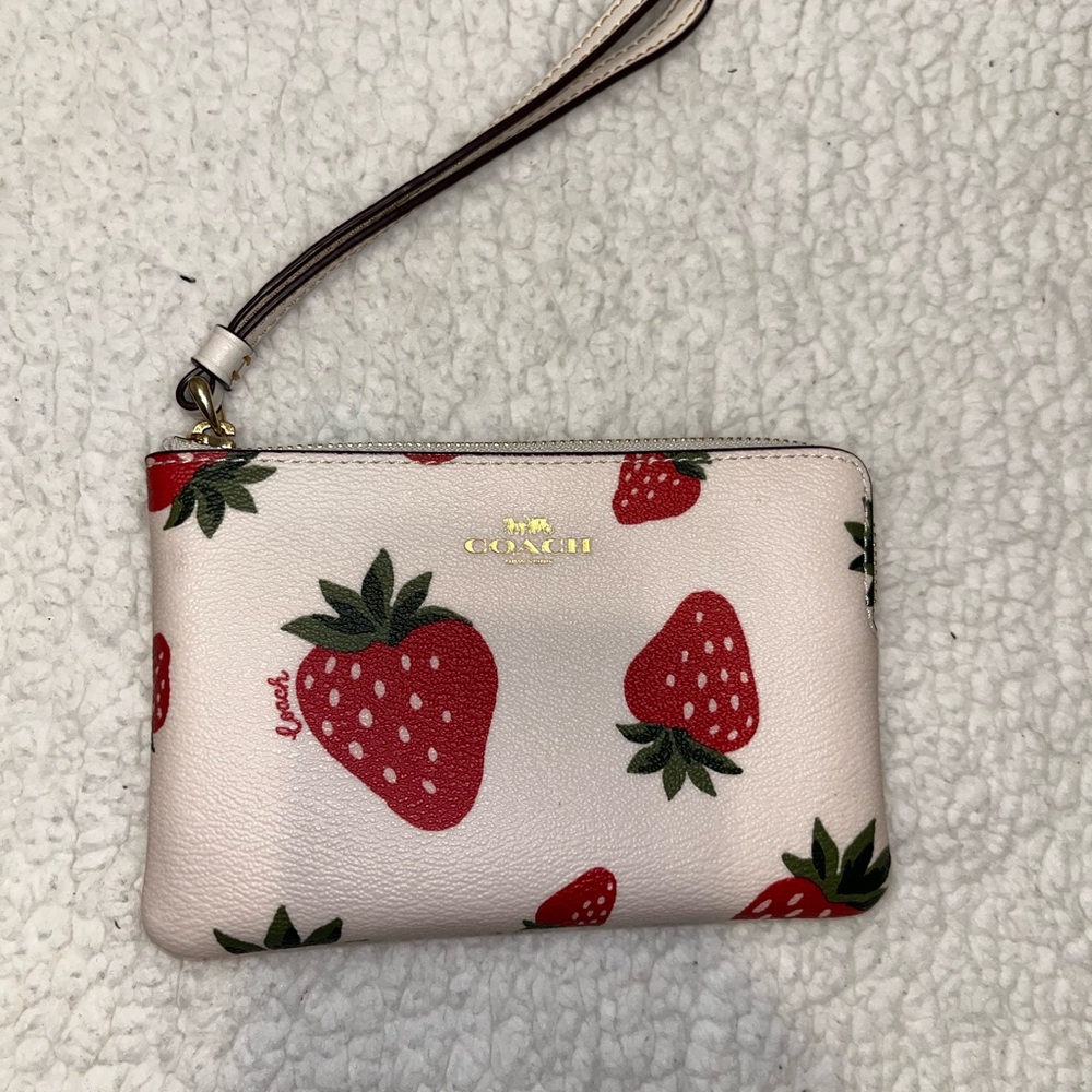 Coach Strawberry Fruit Print Leather Wristlet
